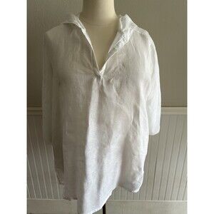C&C California 100% Linen Hooded Tunic Coverup Button Up Back White Plus 2X